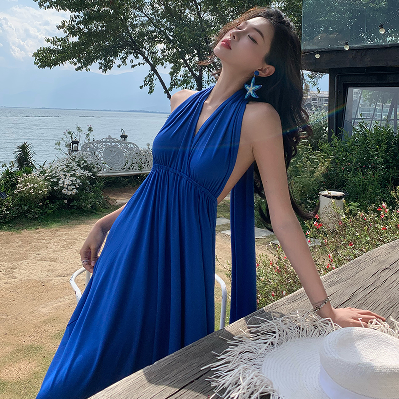 Multiple wear method V-neck long dress halter seaside dress