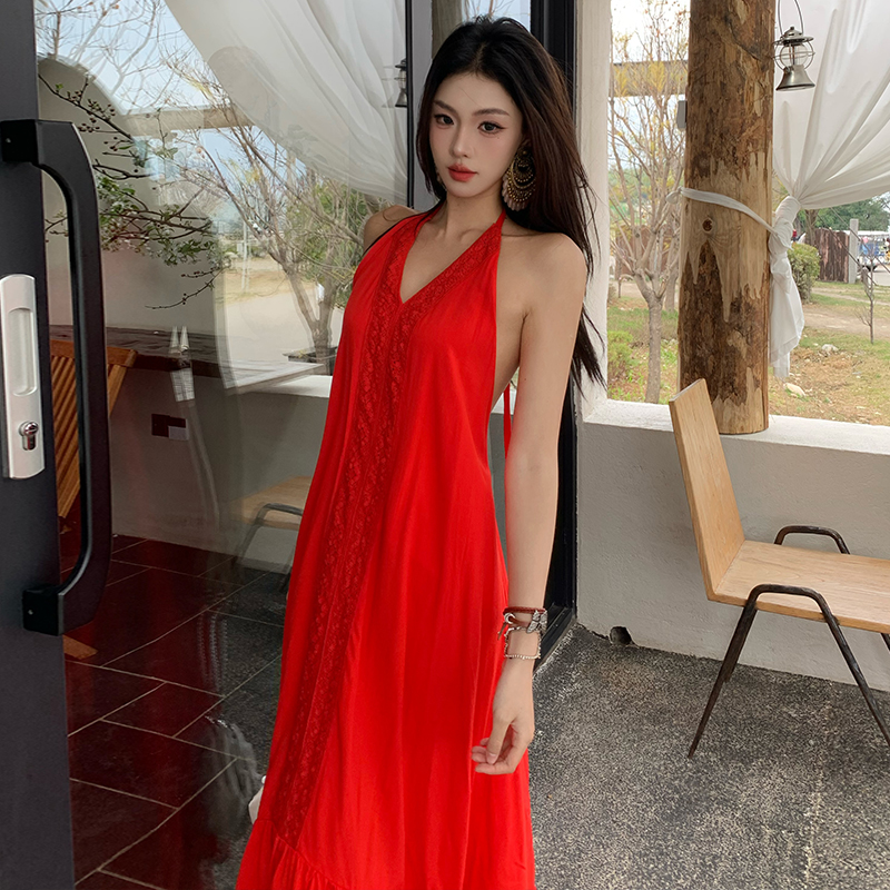 Vacation was white halter V-neck red cotton linen dress