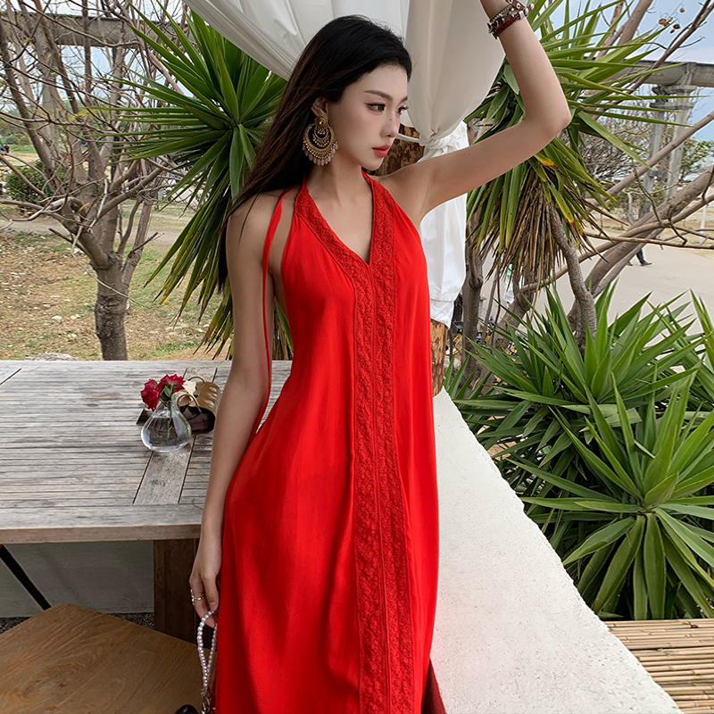 Vacation was white halter V-neck red cotton linen dress