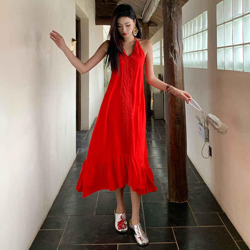 Vacation was white halter V-neck red cotton linen dress