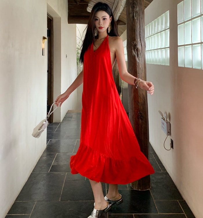 Vacation was white halter V-neck red cotton linen dress