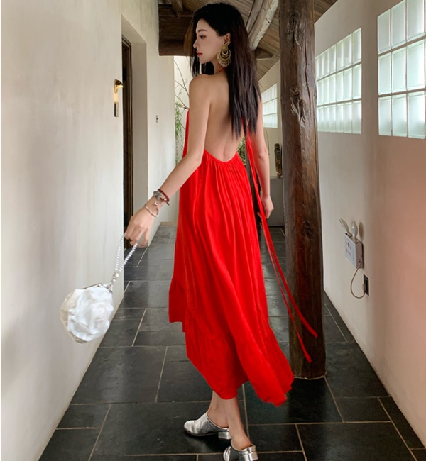 Vacation was white halter V-neck red cotton linen dress