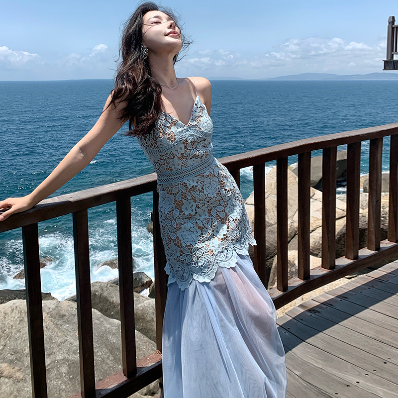 Seaside dress pinched waist long dress for women