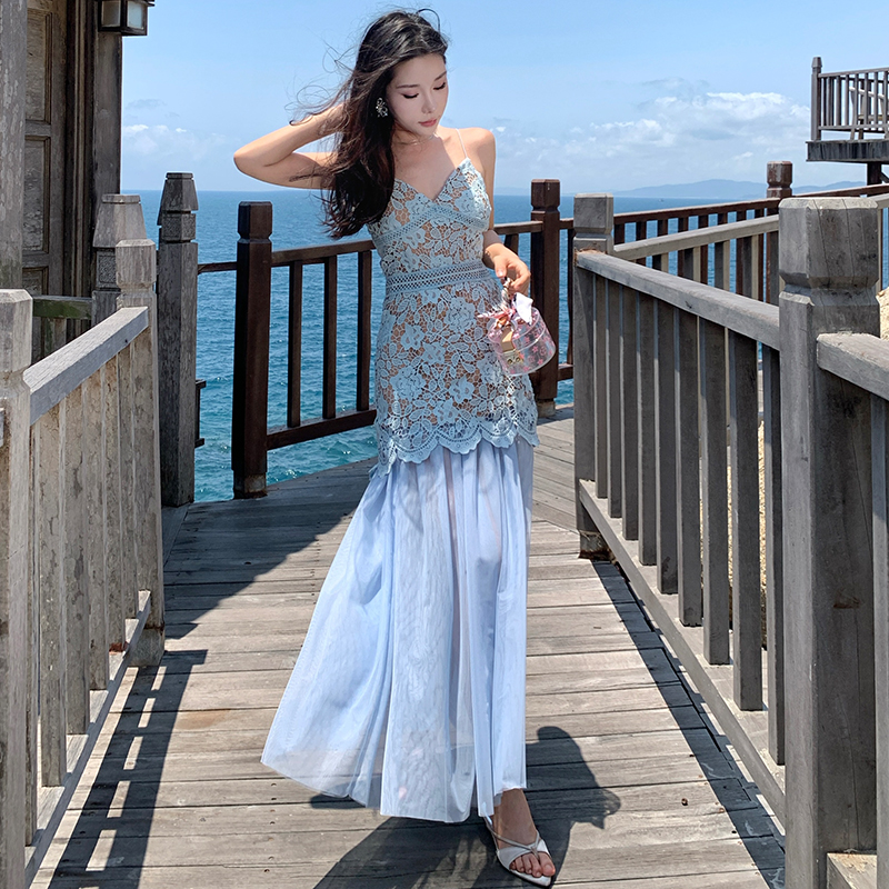 Seaside dress pinched waist long dress for women
