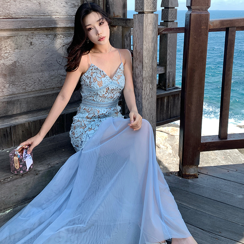 Seaside dress pinched waist long dress for women