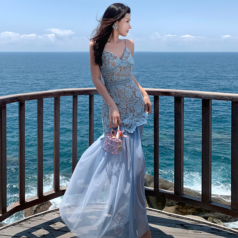 Seaside dress pinched waist long dress for women