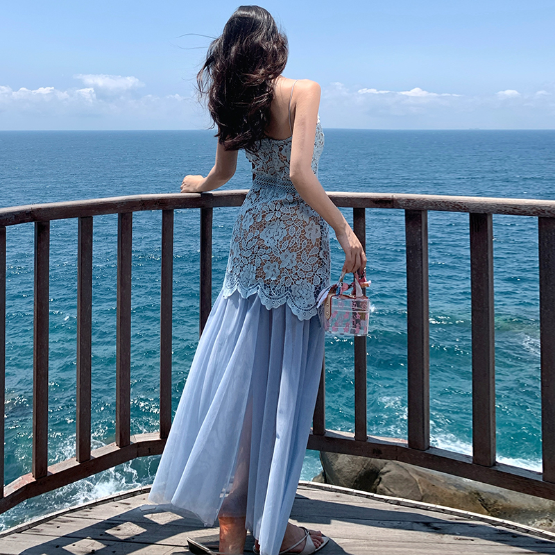 Seaside dress pinched waist long dress for women