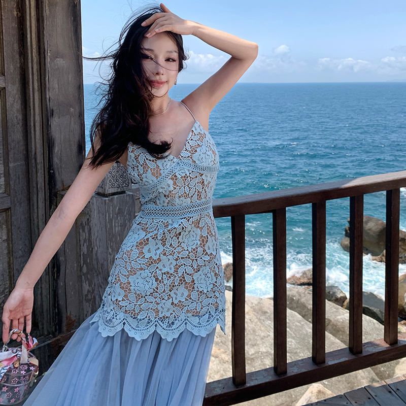 Seaside dress pinched waist long dress for women