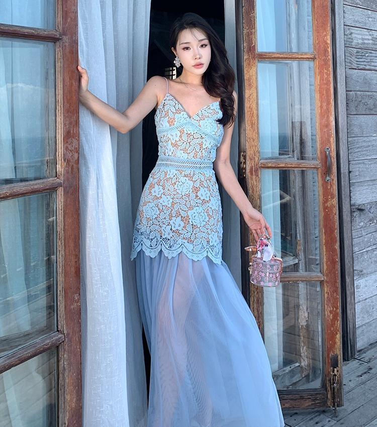 Seaside dress pinched waist long dress for women