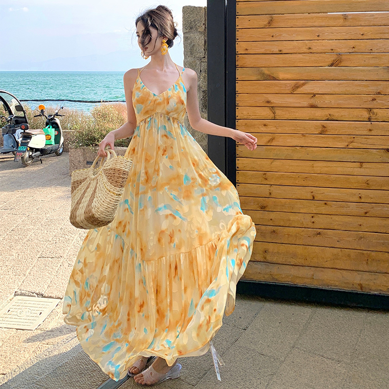 France style sling long dress big skirt durian dress