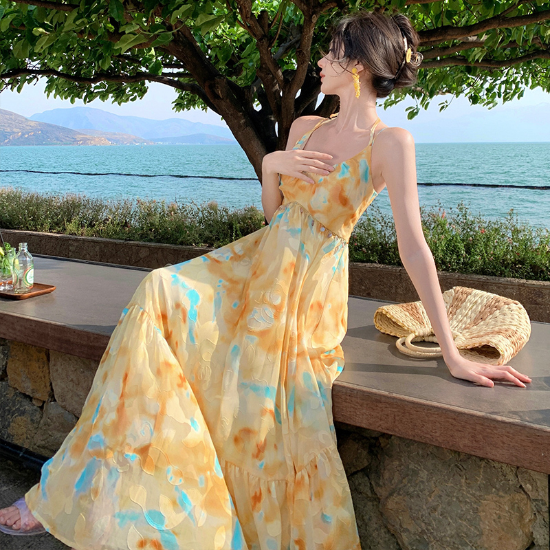 France style sling long dress big skirt durian dress