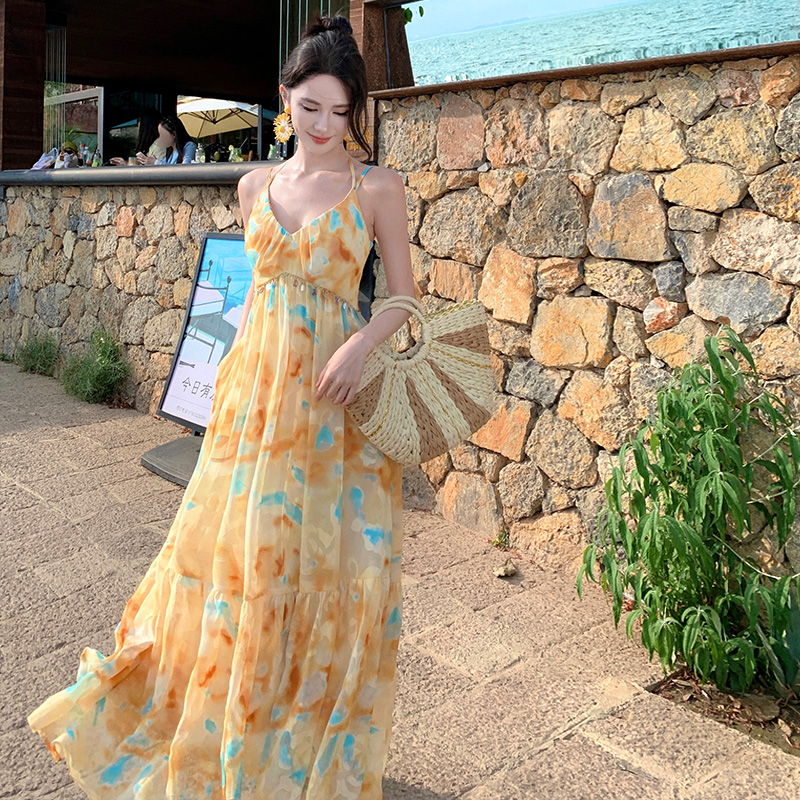 France style sling long dress big skirt durian dress