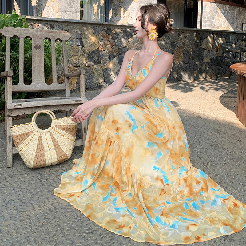 France style sling long dress big skirt durian dress