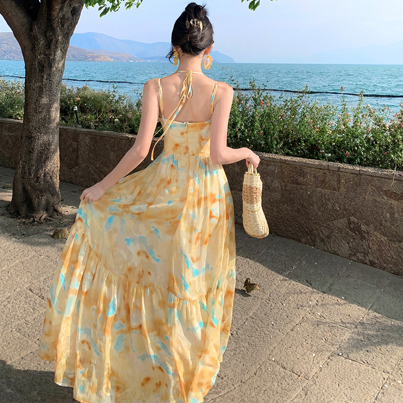France style sling long dress big skirt durian dress