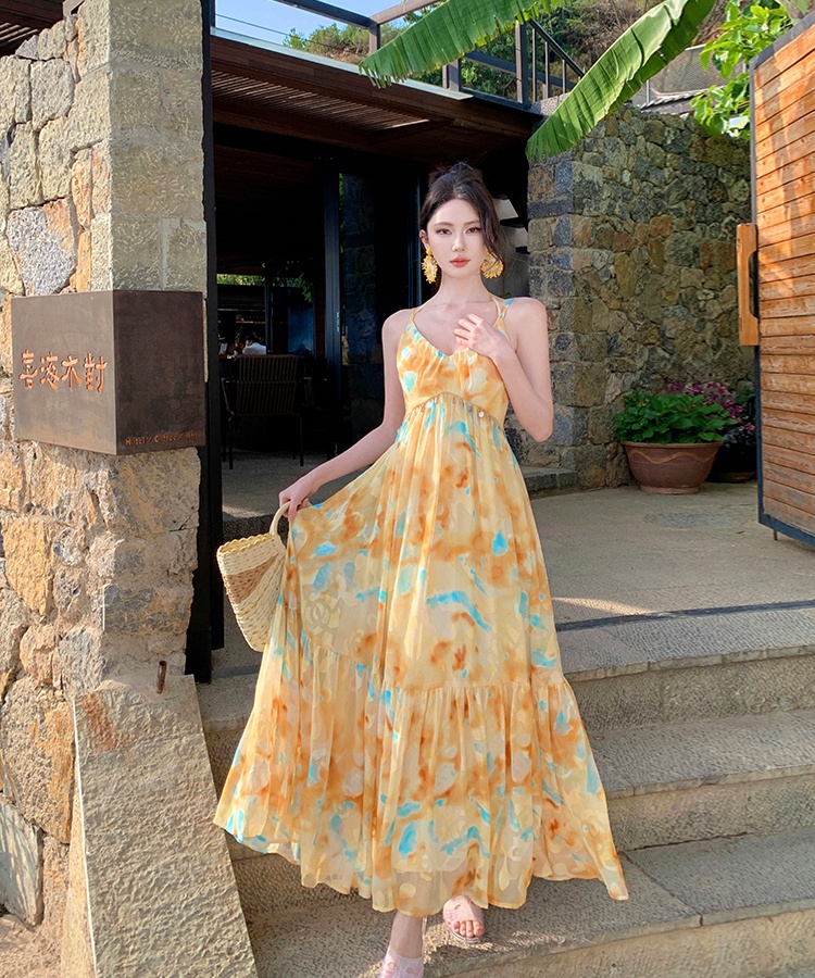 France style sling long dress big skirt durian dress