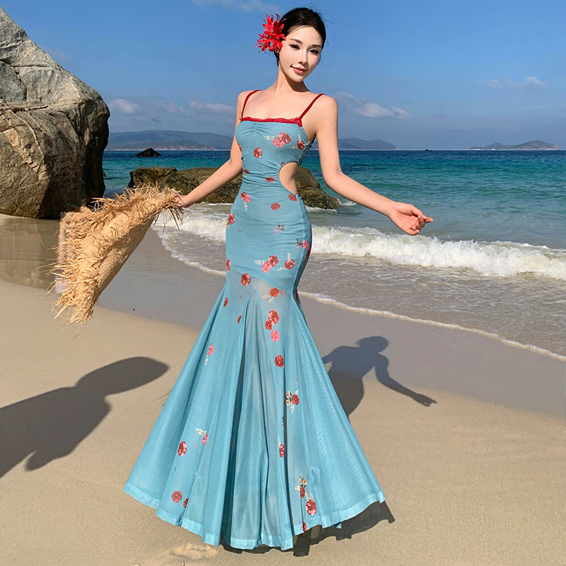 Slim vacation seaside long dress pinched waist summer dress