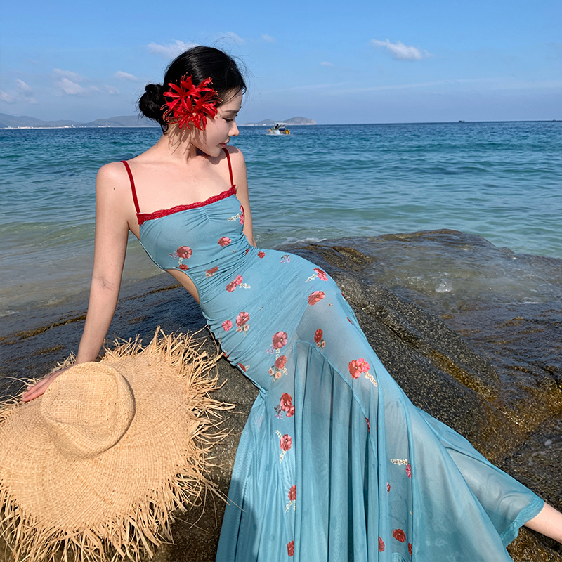 Slim vacation seaside long dress pinched waist summer dress