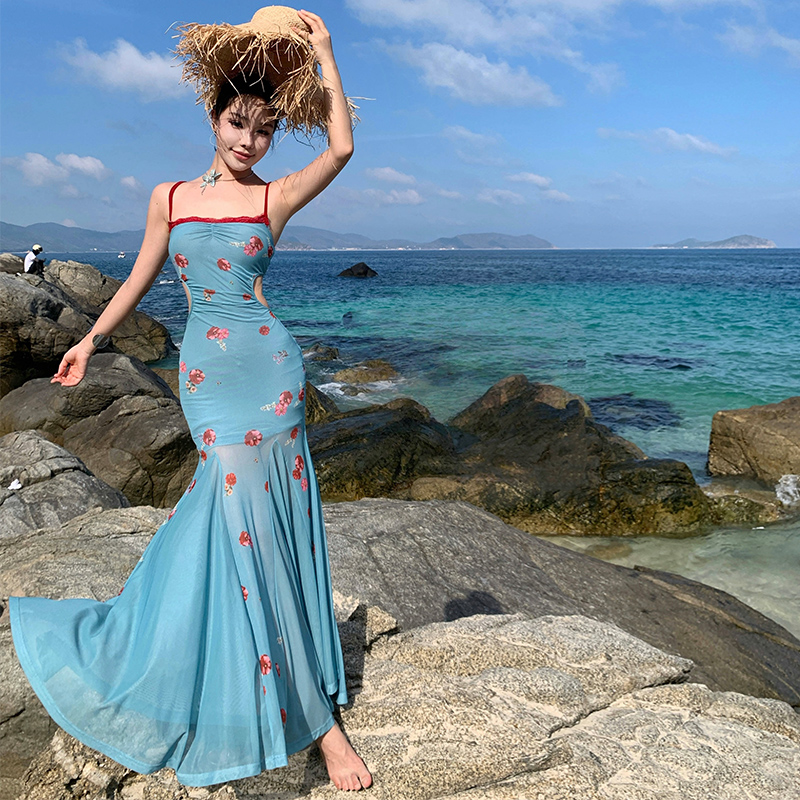 Slim vacation seaside long dress pinched waist summer dress
