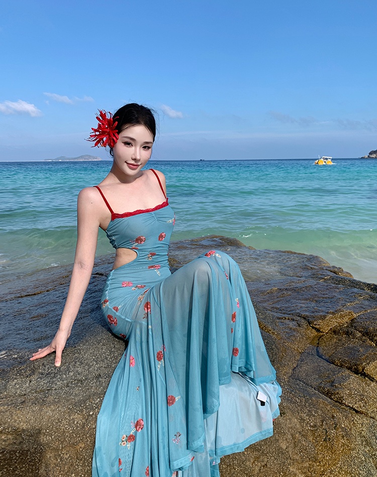 Slim vacation seaside long dress pinched waist summer dress