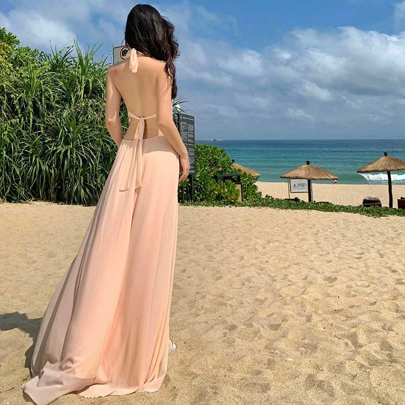 Halter vacation lace long dress mopping hollow dress