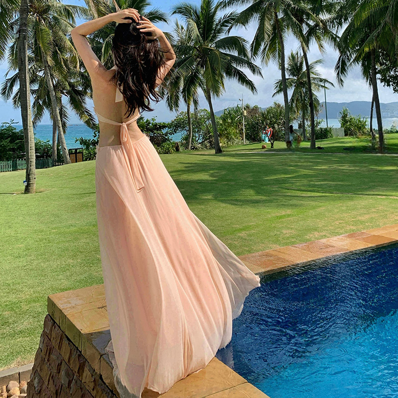 Halter vacation lace long dress mopping hollow dress