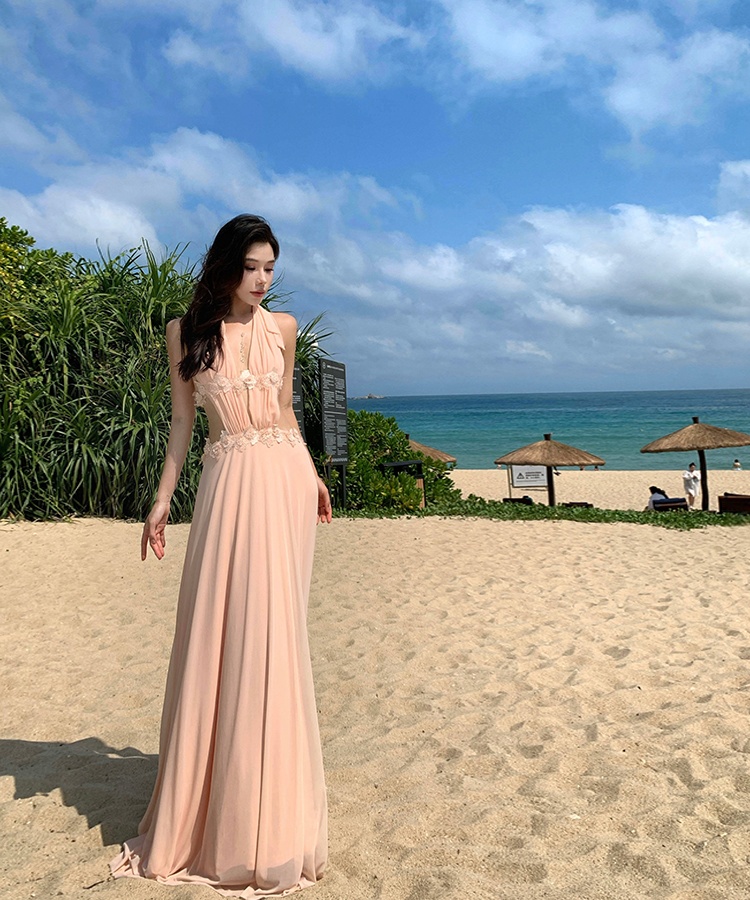 Halter vacation lace long dress mopping hollow dress
