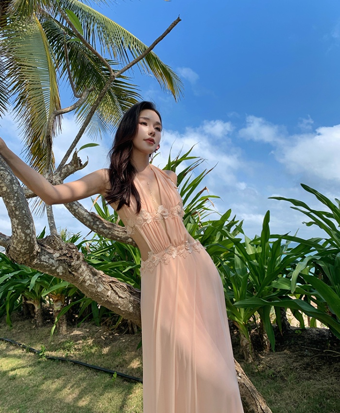 Halter vacation lace long dress mopping hollow dress