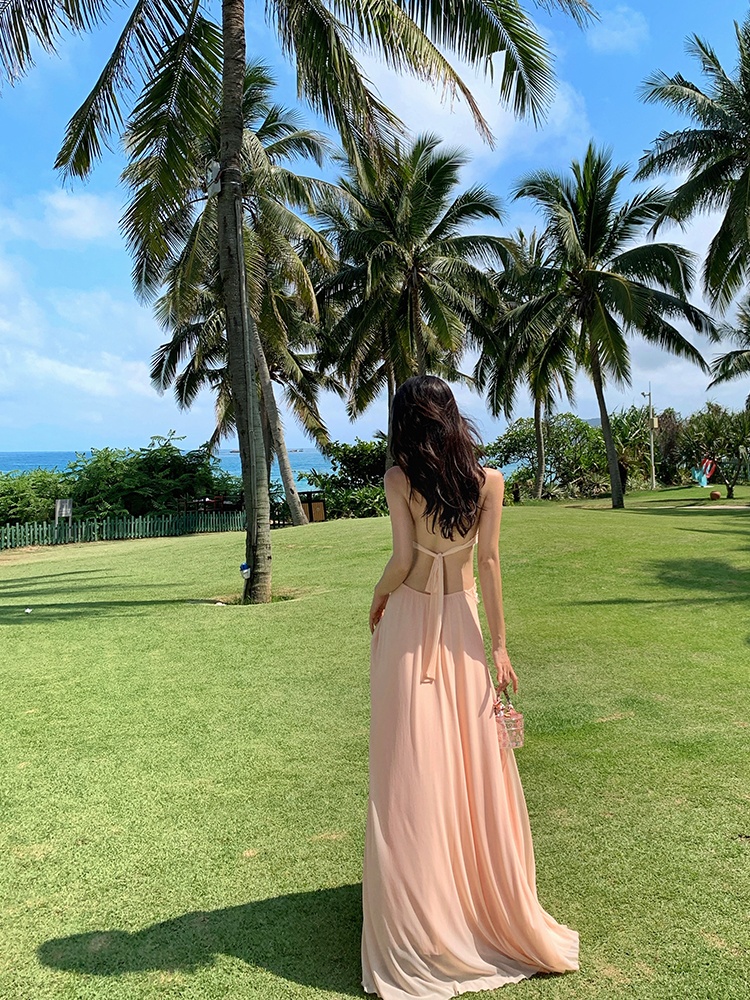 Halter vacation lace long dress mopping hollow dress