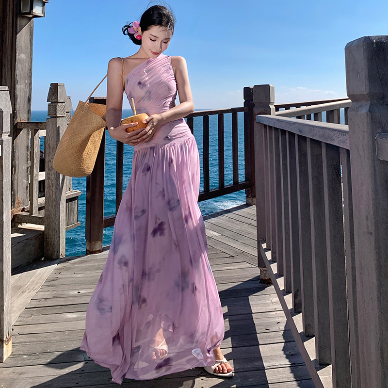 Pinched waist slim dress mesh long dress for women