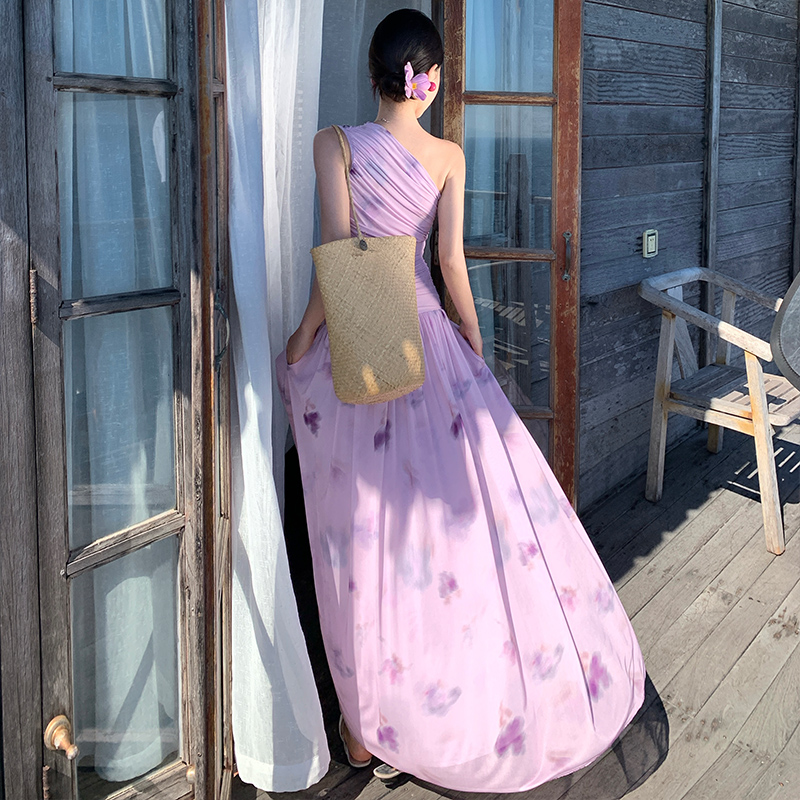 Pinched waist slim dress mesh long dress for women