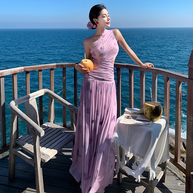 Pinched waist slim dress mesh long dress for women