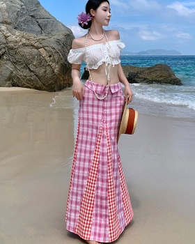 Spicegirl wrapped chest white tops seaside plaid skirt 2pcs set