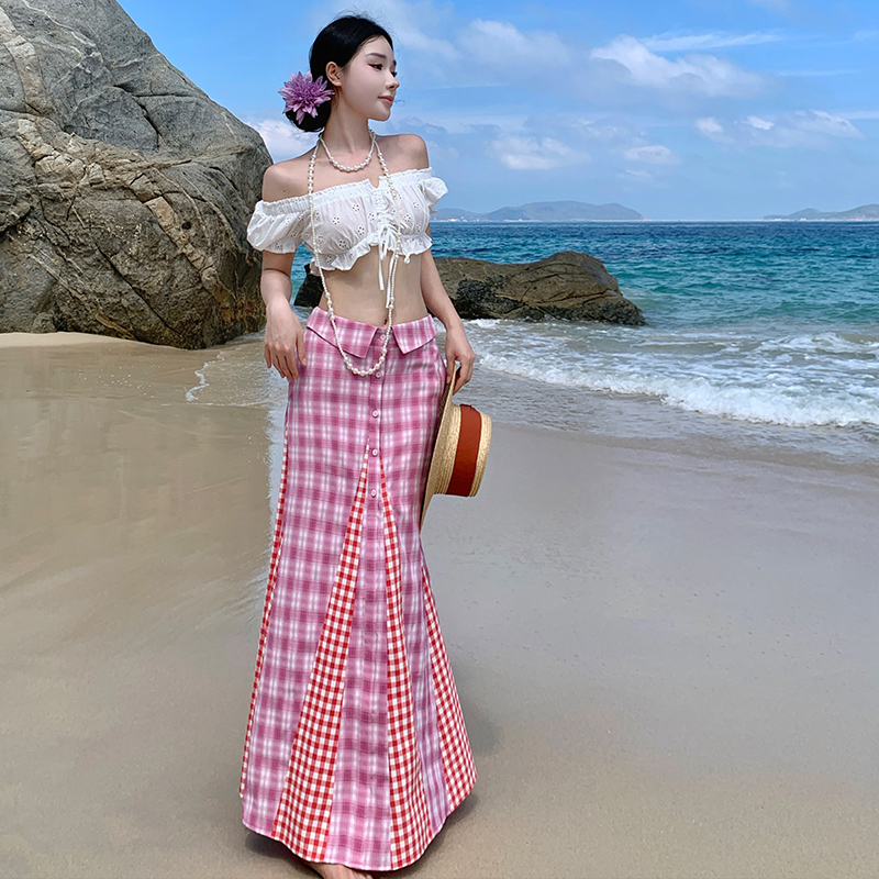 Spicegirl wrapped chest white tops seaside plaid skirt 2pcs set