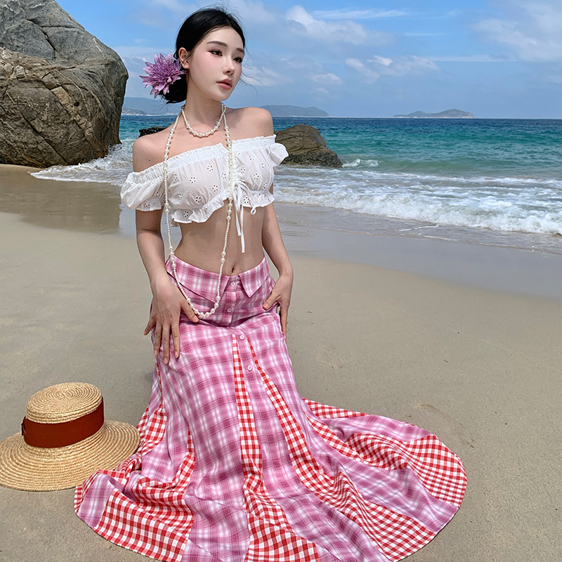 Spicegirl wrapped chest white tops seaside plaid skirt 2pcs set