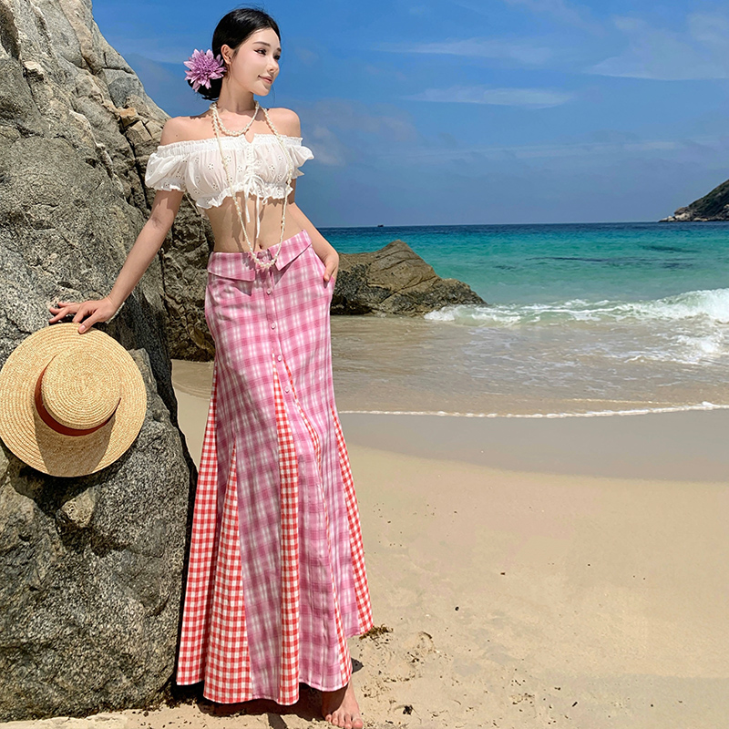 Spicegirl wrapped chest white tops seaside plaid skirt 2pcs set