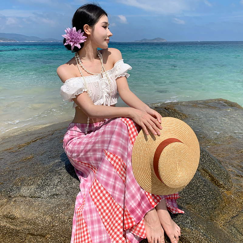 Spicegirl wrapped chest white tops seaside plaid skirt 2pcs set
