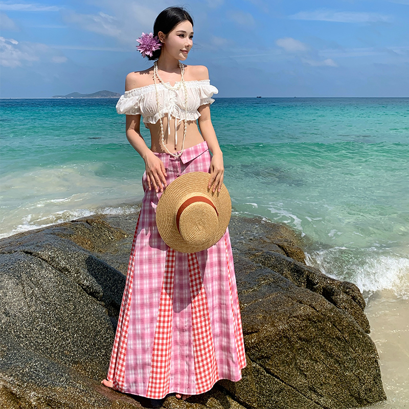 Spicegirl wrapped chest white tops seaside plaid skirt 2pcs set