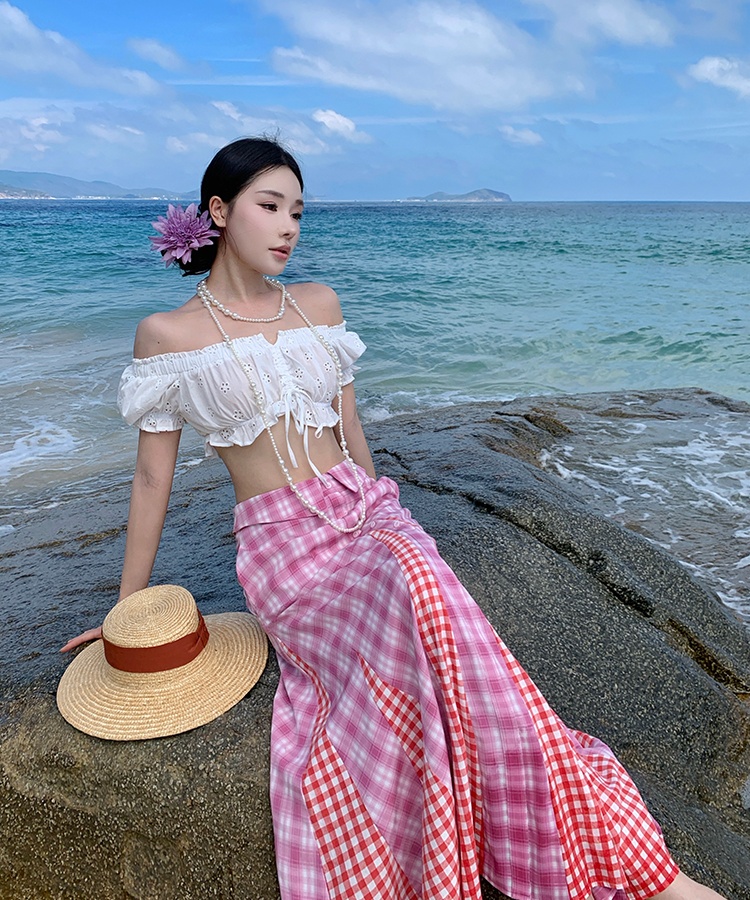 Spicegirl wrapped chest white tops seaside plaid skirt 2pcs set