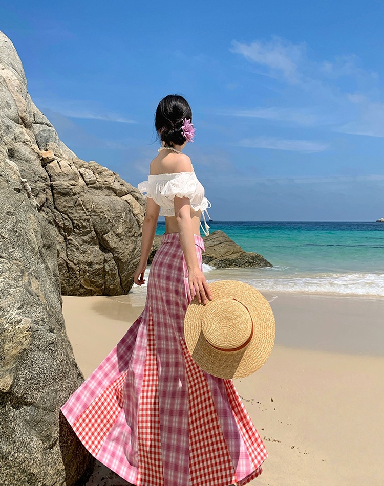 Spicegirl wrapped chest white tops seaside plaid skirt 2pcs set