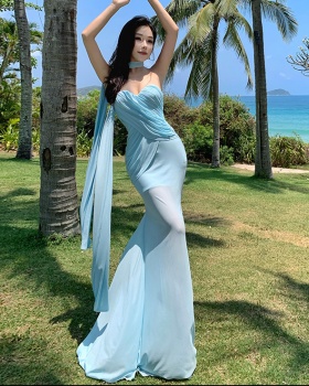 Gauze fold asymmetry dress slim mermaid long dress