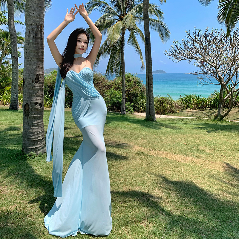 Gauze fold asymmetry dress slim mermaid long dress