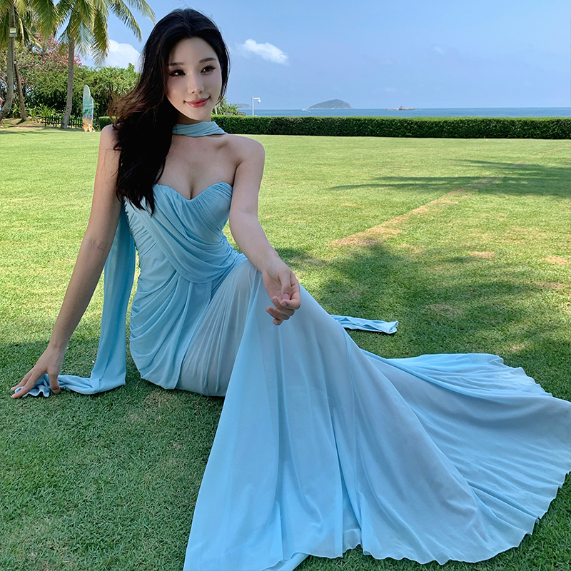 Gauze fold asymmetry dress slim mermaid long dress