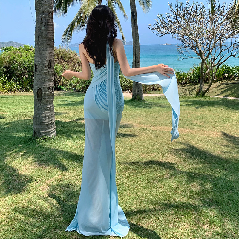 Gauze fold asymmetry dress slim mermaid long dress