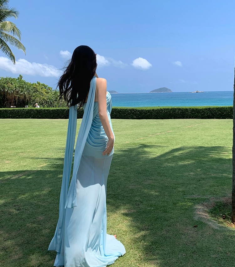 Gauze fold asymmetry dress slim mermaid long dress