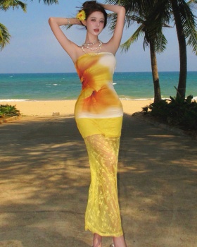Sexy gauze printing vacation mermaid seaside skirt 2pcs set