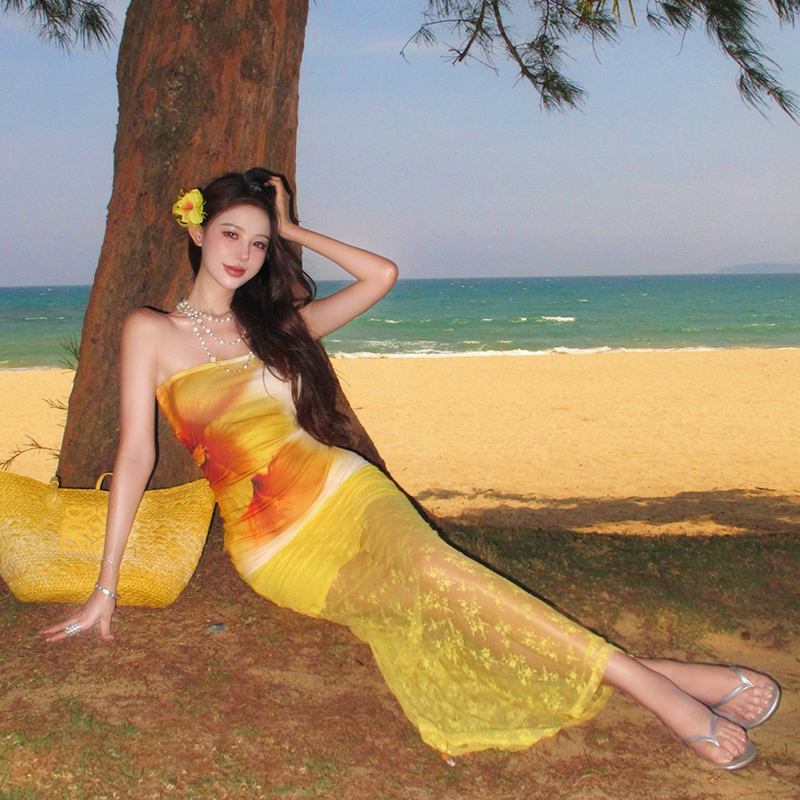 Sexy gauze printing vacation mermaid seaside skirt 2pcs set