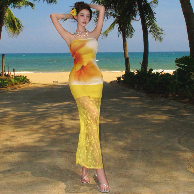 Sexy gauze printing vacation mermaid seaside skirt 2pcs set