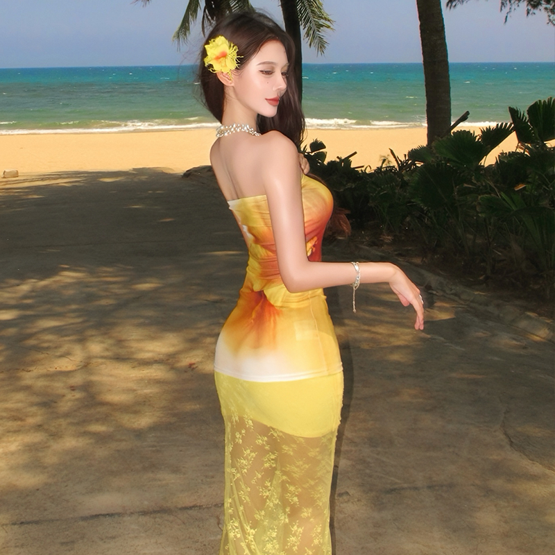 Sexy gauze printing vacation mermaid seaside skirt 2pcs set
