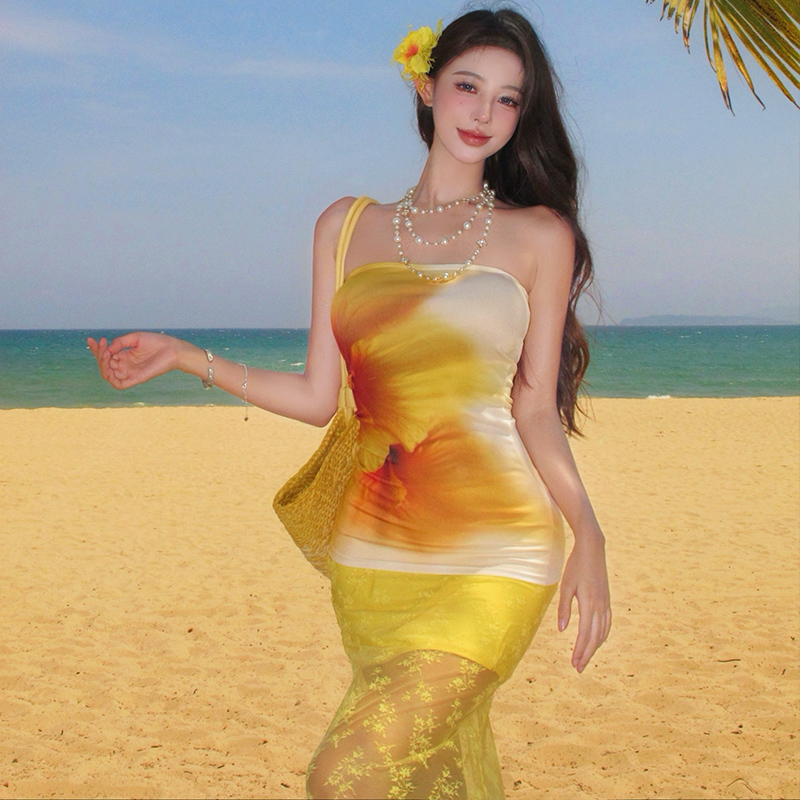Sexy gauze printing vacation mermaid seaside skirt 2pcs set