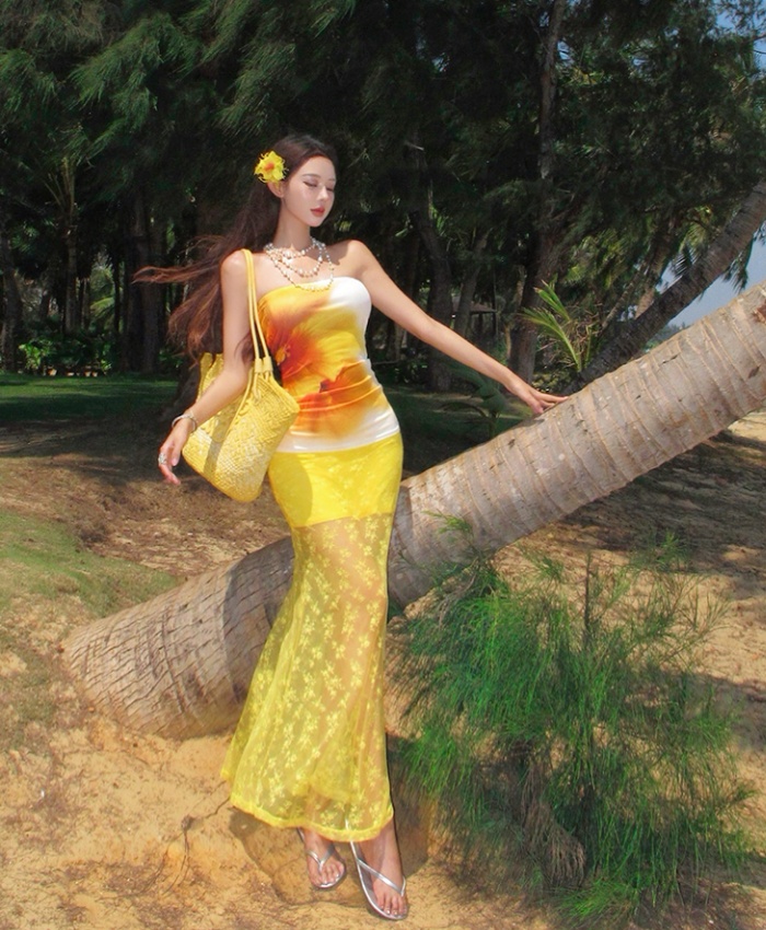 Sexy gauze printing vacation mermaid seaside skirt 2pcs set